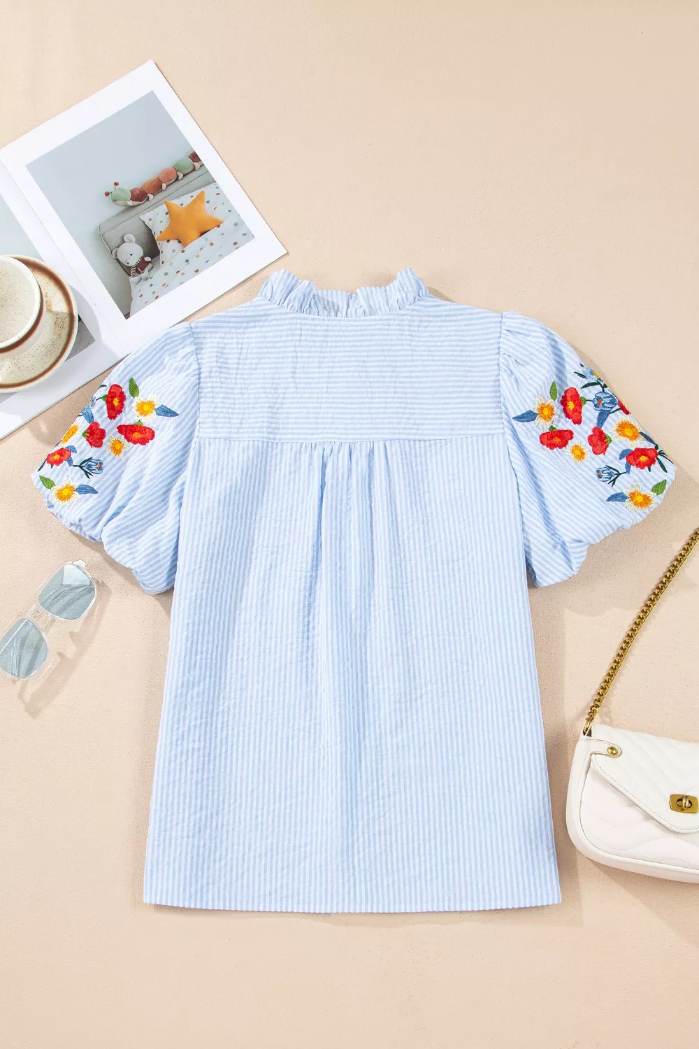 Stripe Floral Embroidered Puff Sleeve Ruffle Trim Shirt, image 7