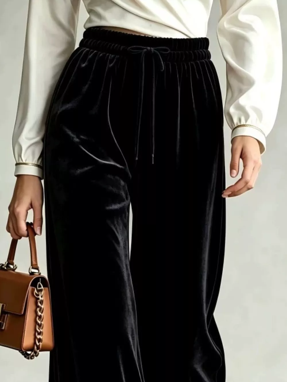Velvet Wide-Leg Pants with Drawstring, image 8