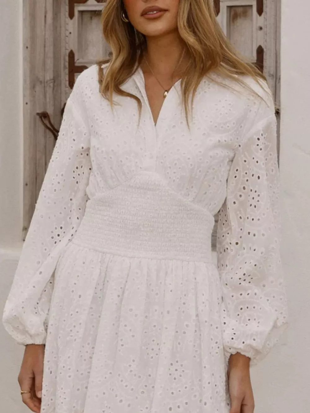 Eyelet Balloon Sleeve Mini Dress, image 6