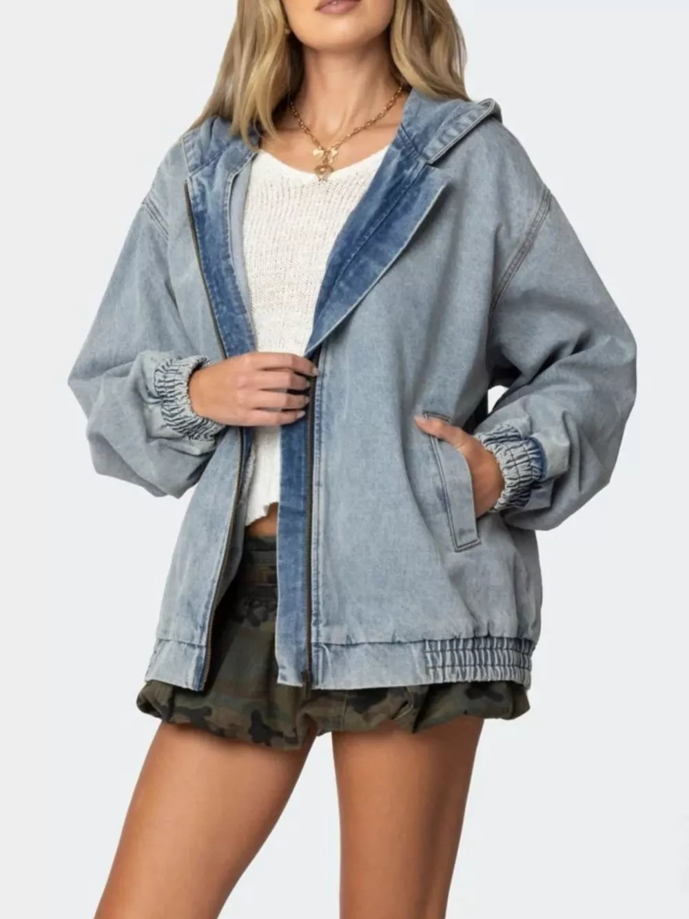 Hooded Oversized Zip Up Denim Jacket, image 6