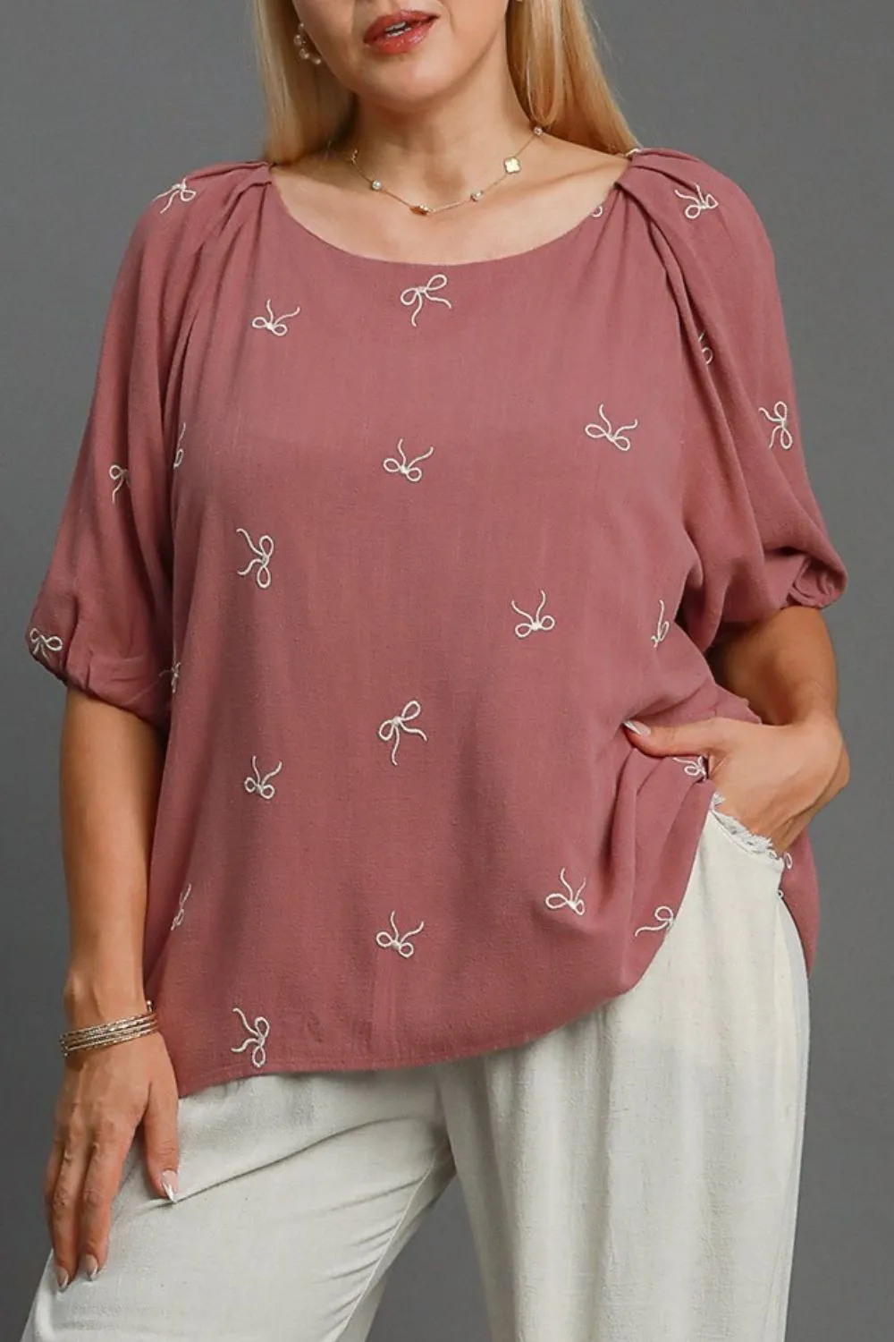 Full Size Linen Blend Ribbon Embroidered Top Plus Size, image 3