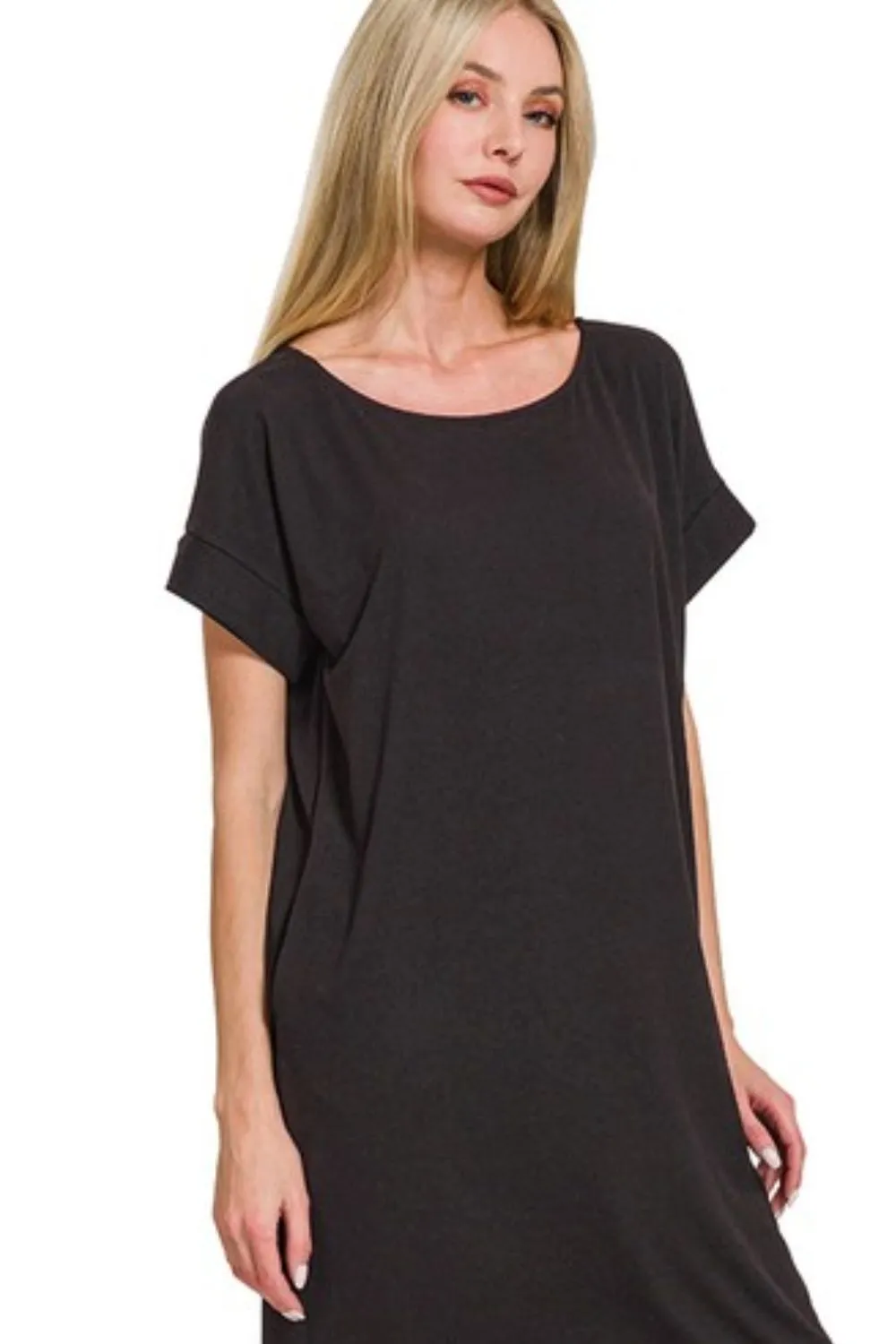 Rolled Short Sleeve Round Neck Dress, image 2
