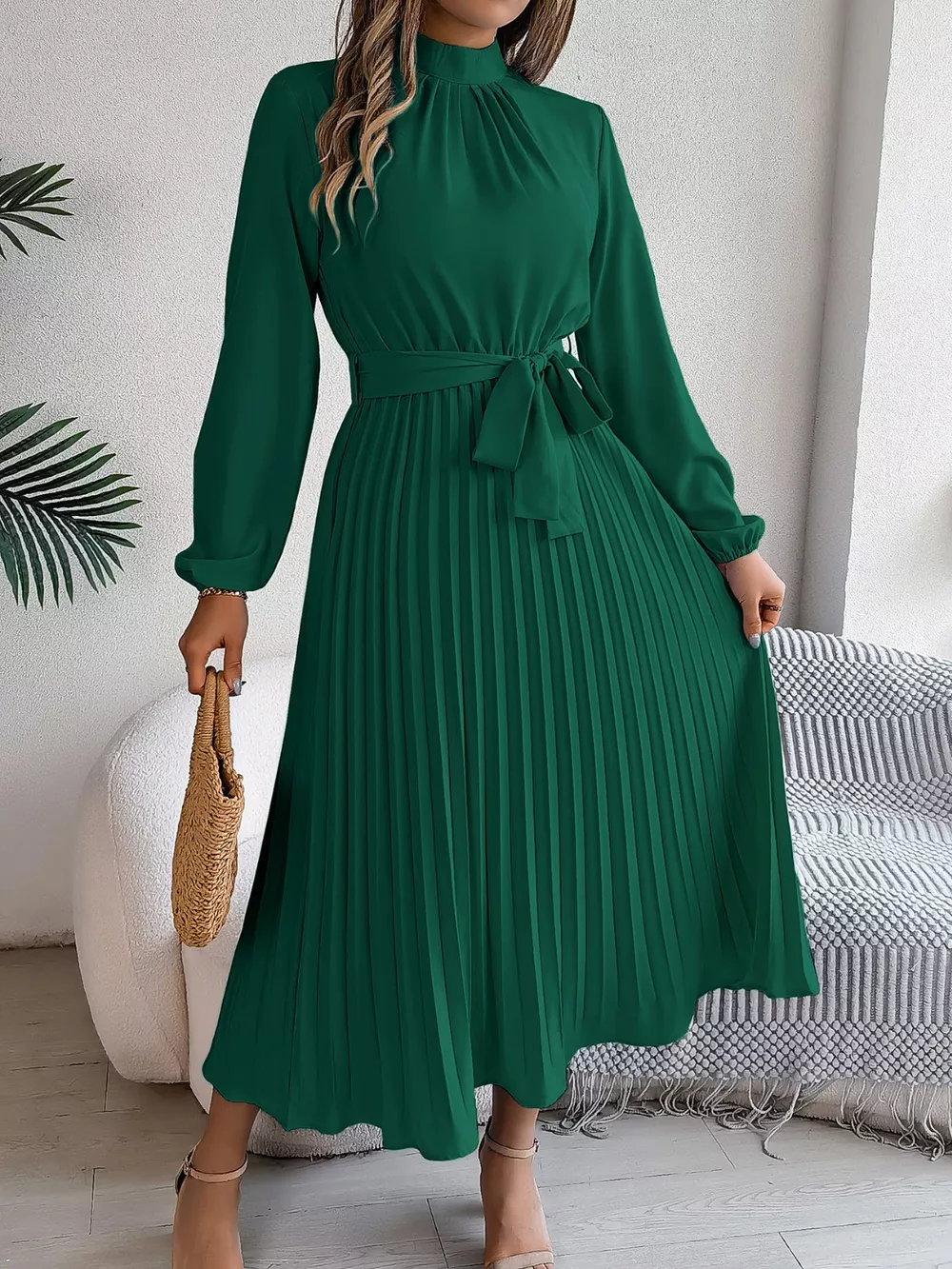 Mock Neck Pleated Midi Dress, image 29