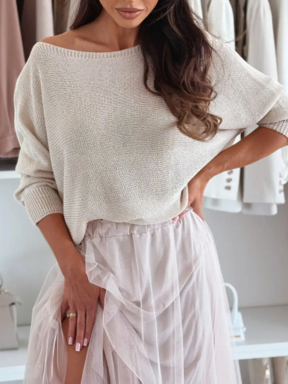 Bow Back Boat Neck Batwing Sleeve Sweater, image 15