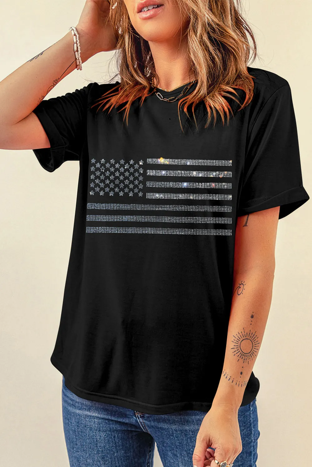 Rhinestone US Flag Round Neck Short Sleeve T-Shirt, image 4