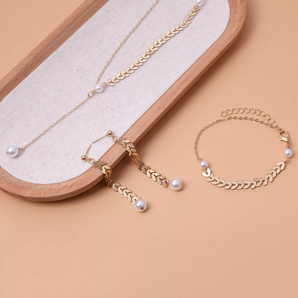Wheat‑Spike Faux Pearl Necklace Bracelet Earrings 3‑Pcs Jewelry Set, image 9