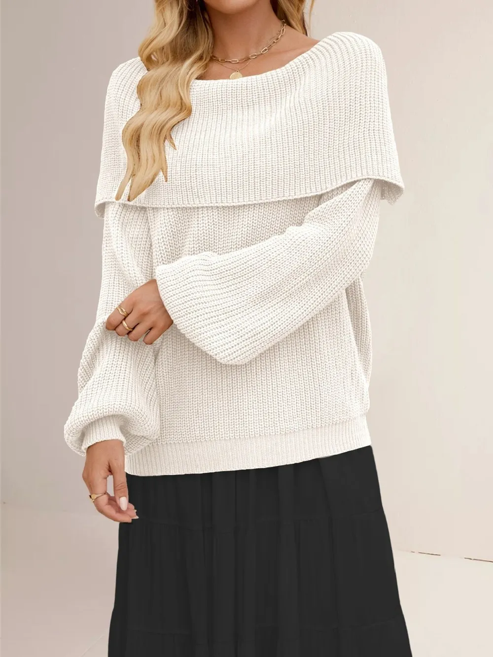 Fold-Over Collar Long Sleeve Sweater, image 11