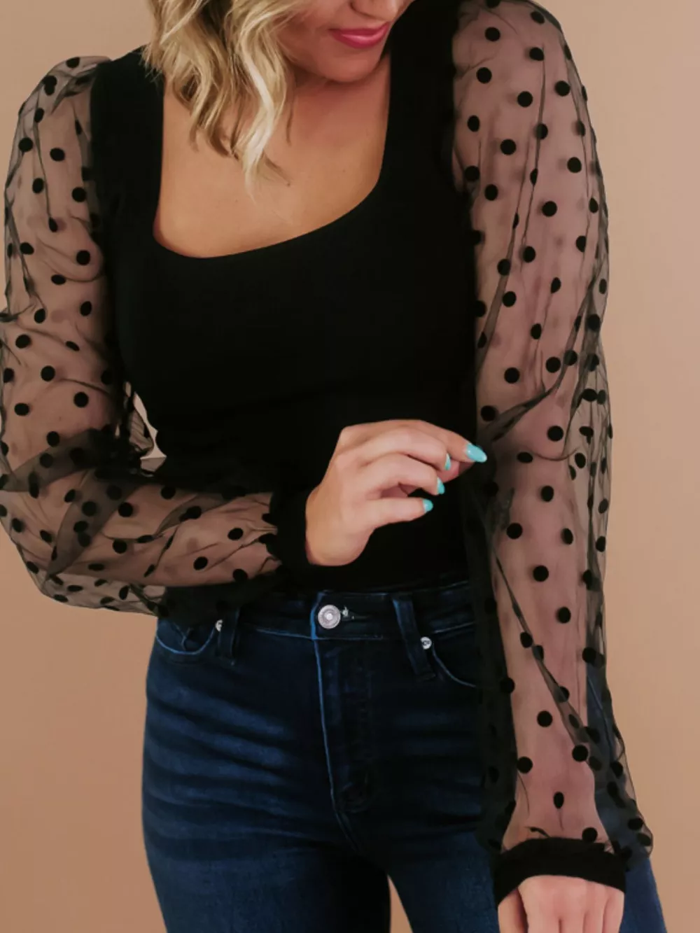 Mesh Patchwork Square Neck Blouse, image 4