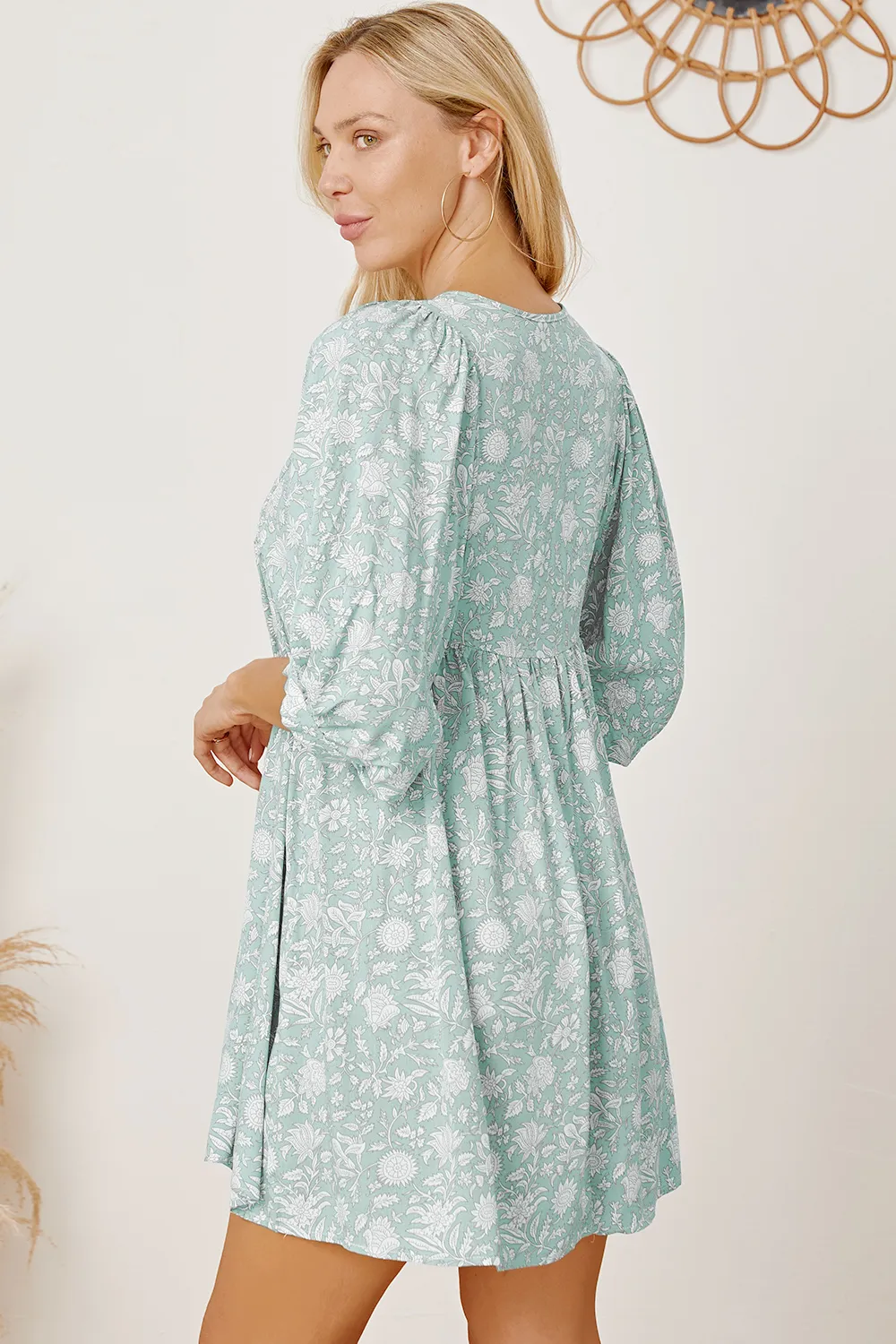 Floral Tie Neck Ruched Babydoll Dress, image 9