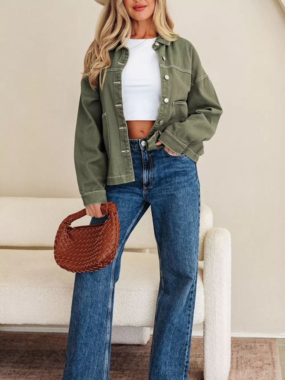 Patched Pocket Collared Button Front Boyfriend Denim Jacket, image 5