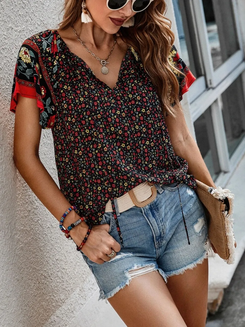 Printed Tie Neck Short Sleeve Blouse, image 13