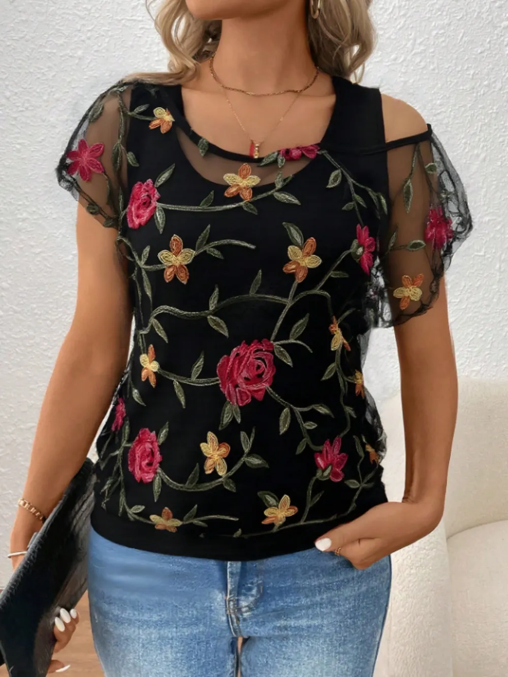 Floral Short Sleeve Sheer Top, image 4
