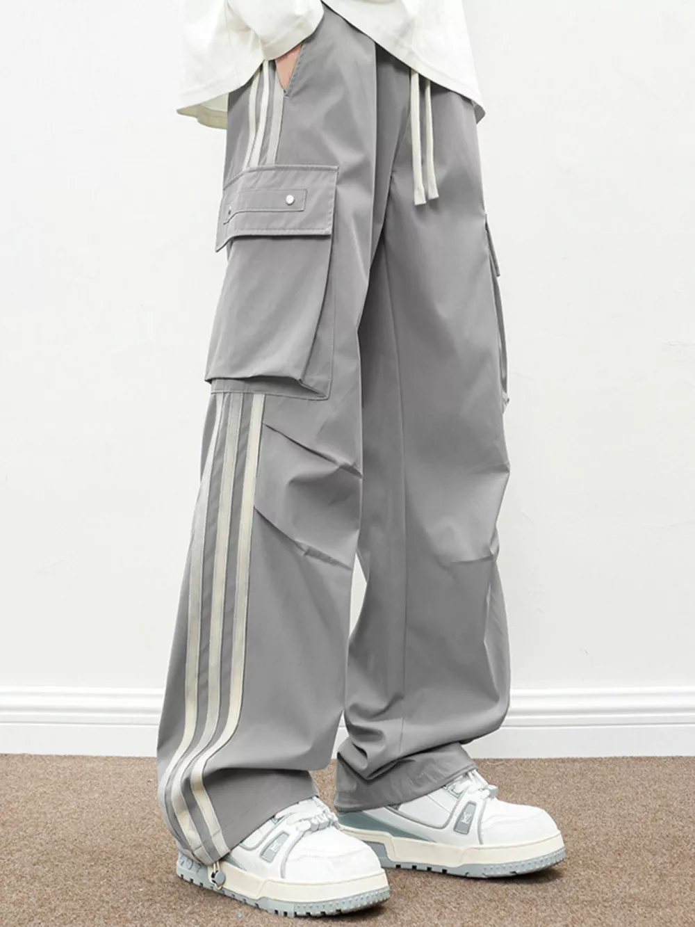 Men's Plus Size Casual Loose Cargo Pants with Side Stripes, image 8