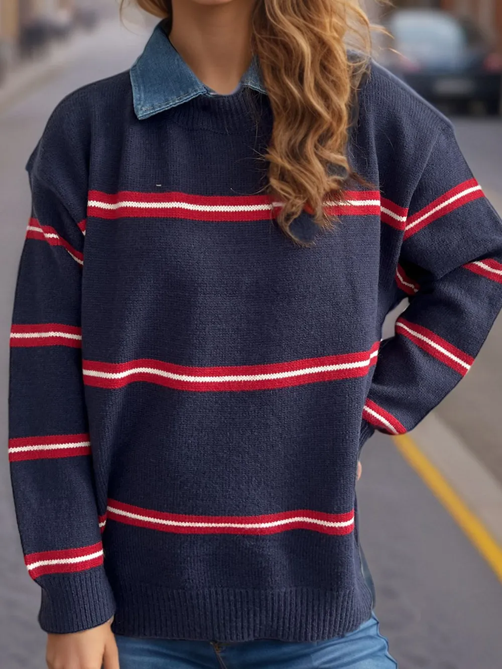Contrast Stripes Round Neck Long Sleeve Sweater, image 4