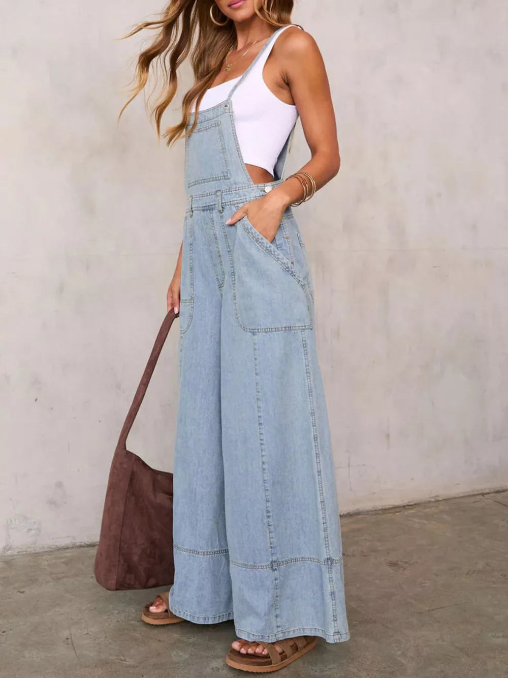 Relaxed Fit Wide Leg Denim Overalls, image 3