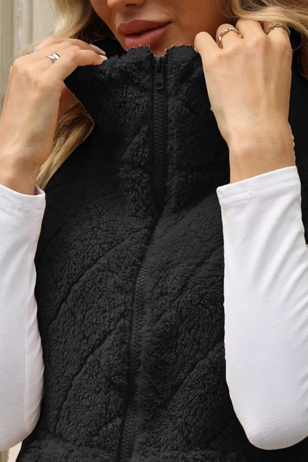 Fuzzy Plaid Texture Zip Up Vest Coat, image 10