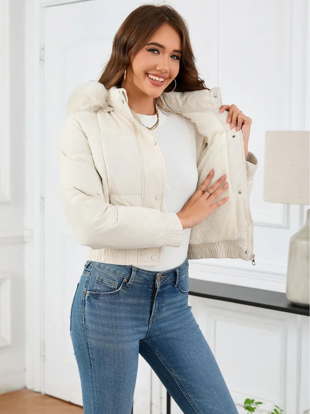 Pocketed Long Sleeve Cropped Hooded Winter Coat, image 9