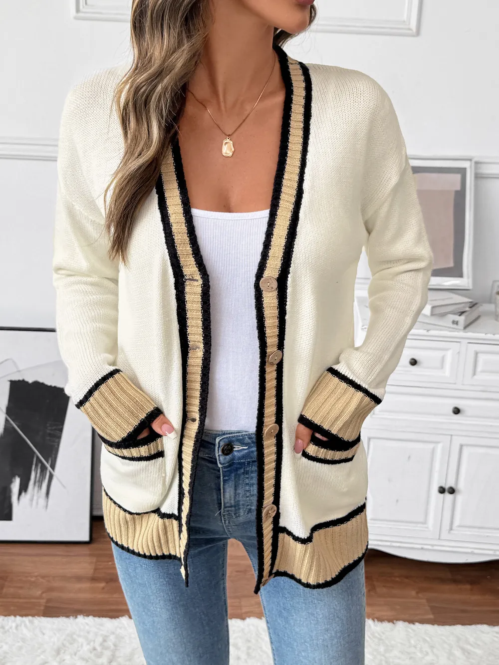 Contrast Trim Button Up Knit Cardigan, image 7