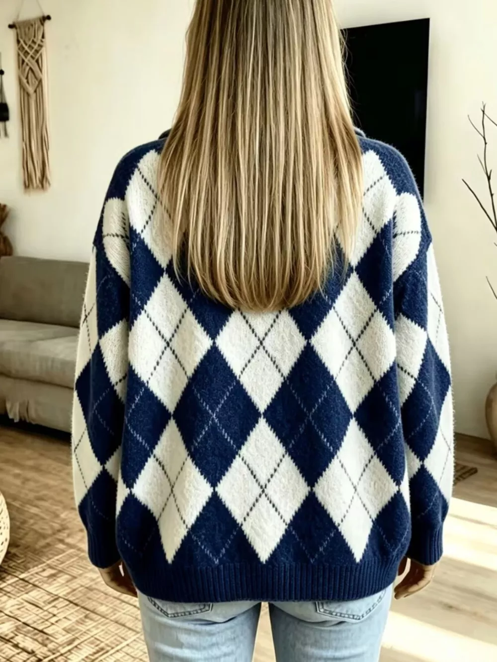 Argyle Pattern Collared Pullover Sweater, image 8