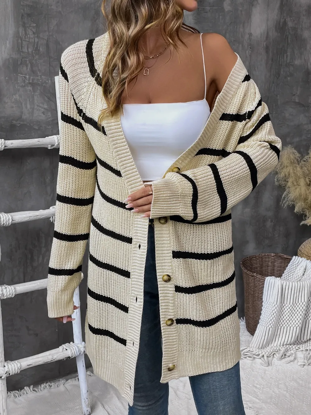 Striped Button Up Long Sleeve Cardigan, image 3
