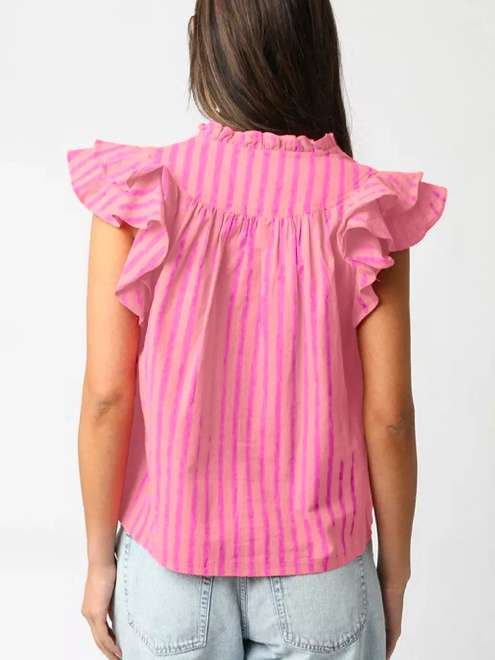 Stripe Split Neck Ruffled Summer Blouse, image 2
