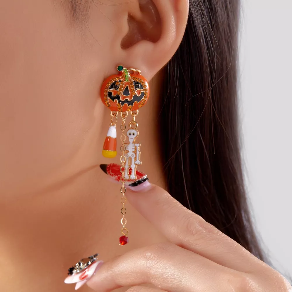 Halloween Pumpkin Drop Chain Earrings, image 3