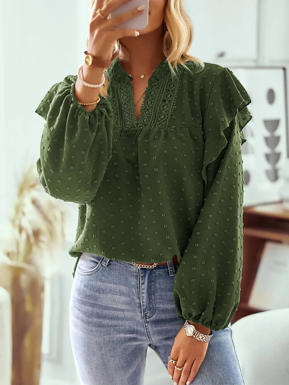 Swiss Dot Ruffled Long Sleeve Blouse, image 11