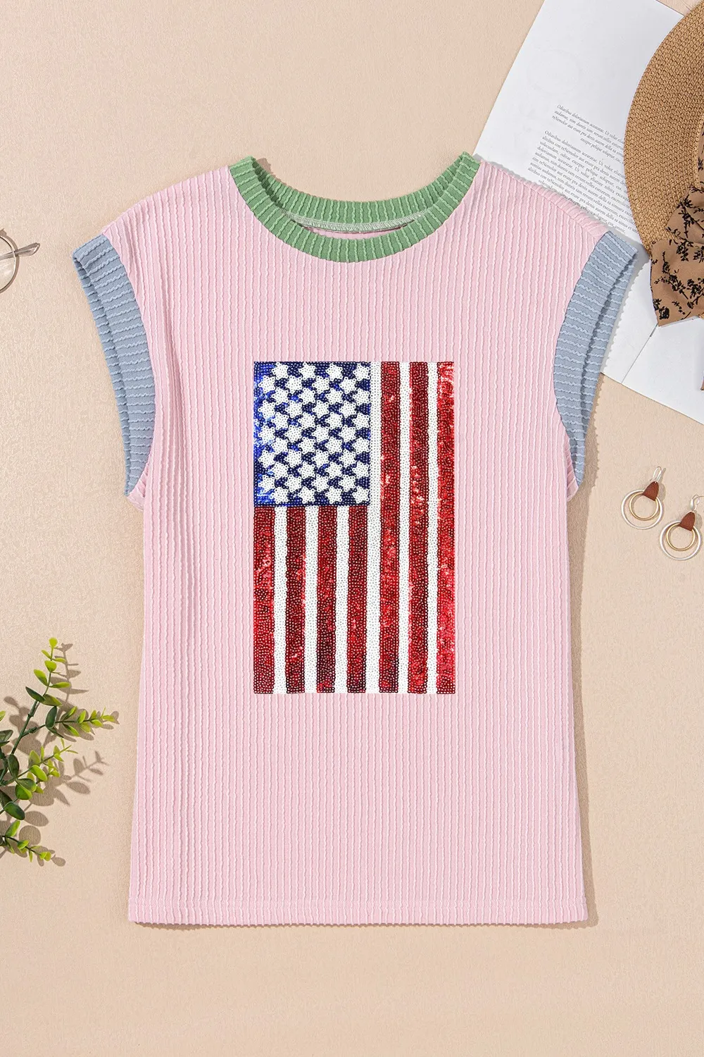 Colorblock Edge Twisted Rib Texture Sequin American Flag Casual T Shirt, image 7