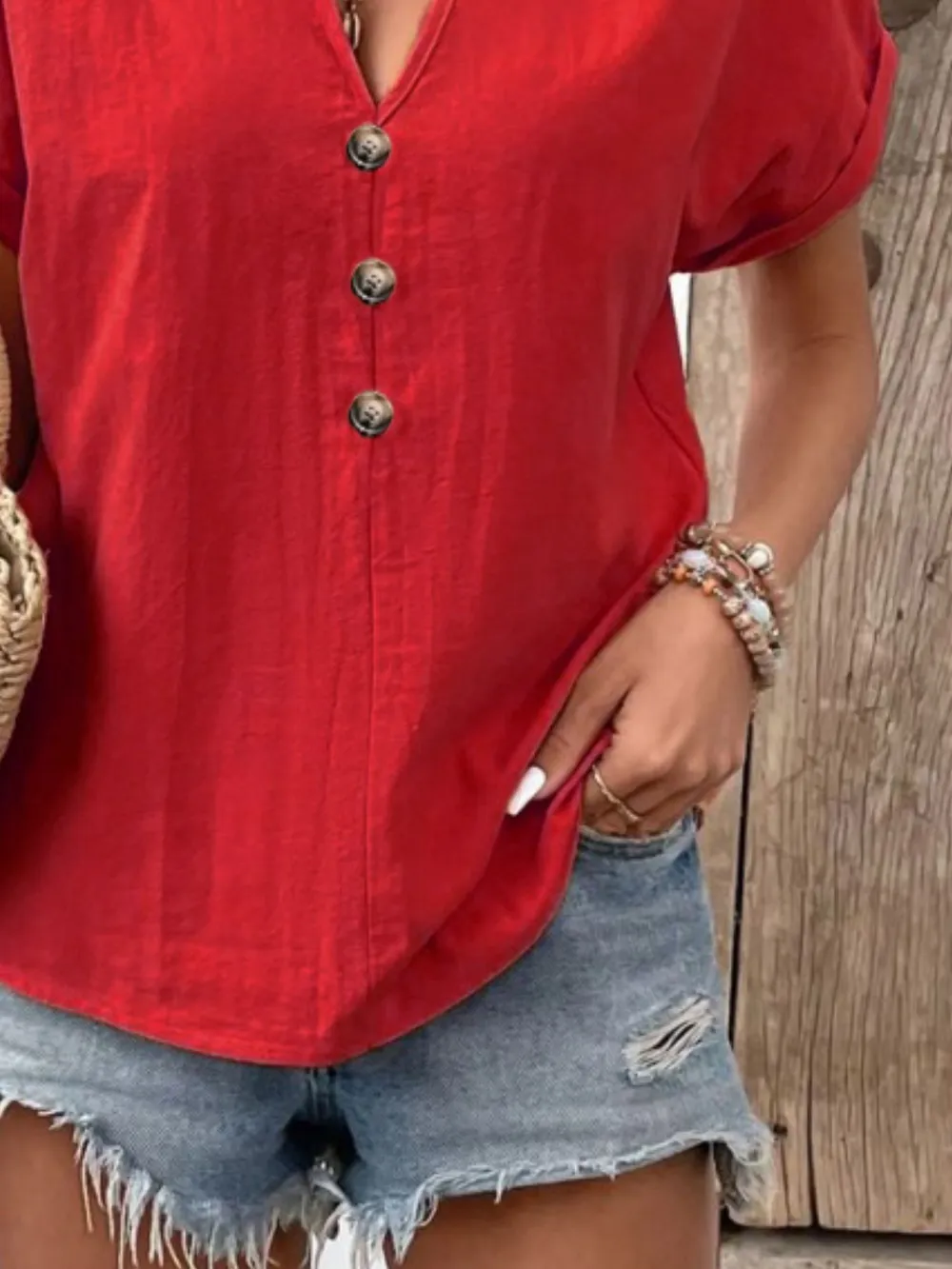 Full Size Notched Short Sleeve Top Plus Size, image 20