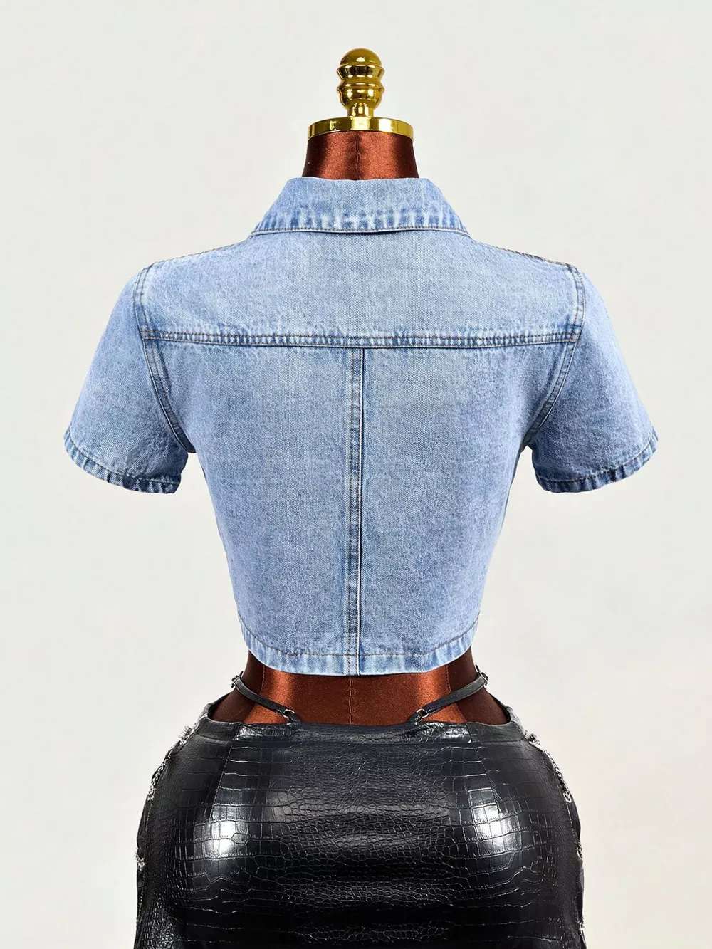Vintage Wash Cropped Short Sleeve Denim Top, image 5