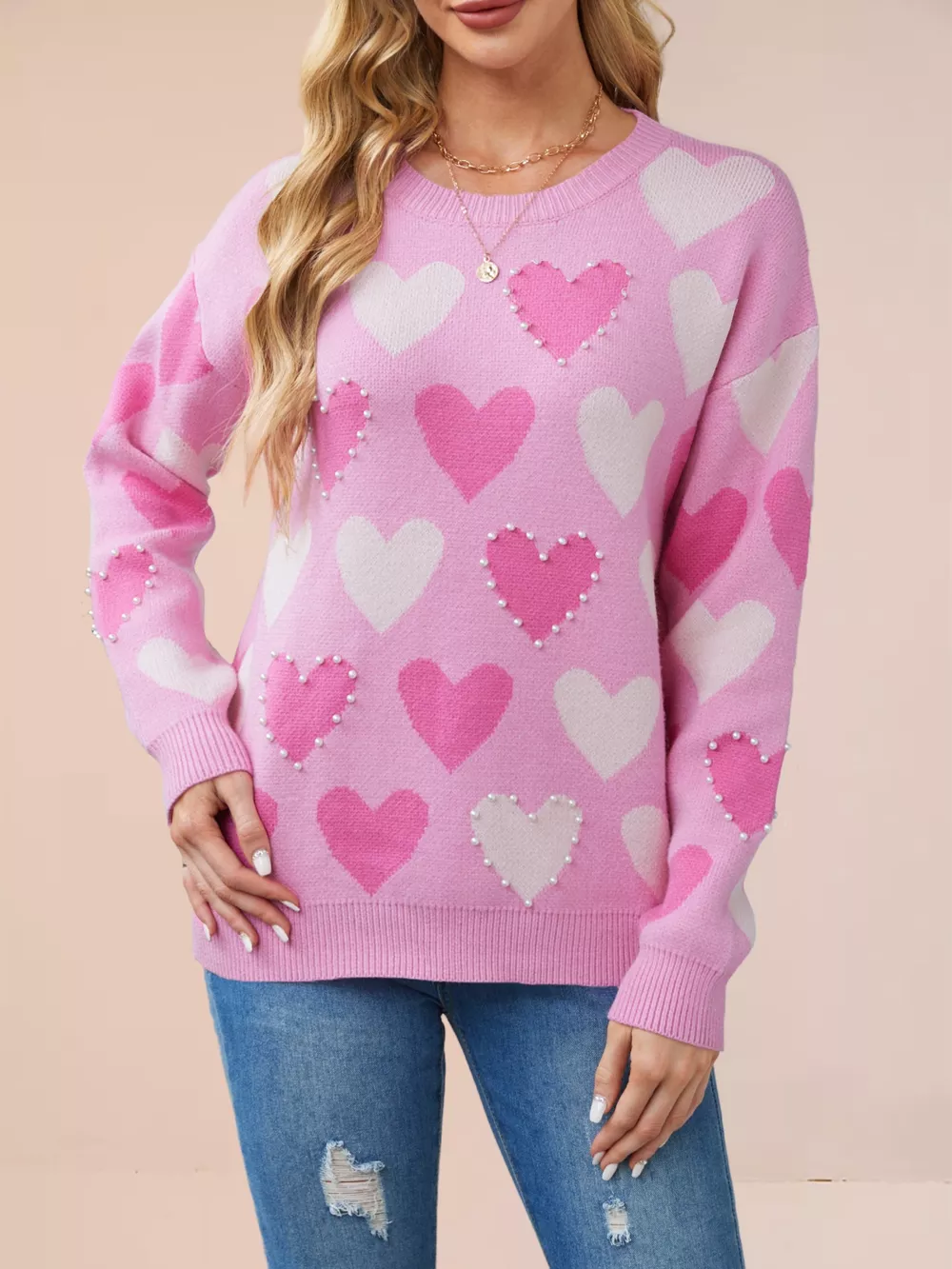 Heart Pattern Beaded Round Neck Sweater, image 2