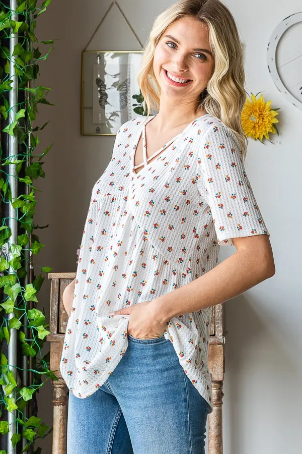 Full Size Crisscross Ditsy Floral Babydoll Top Plus Size, image 8