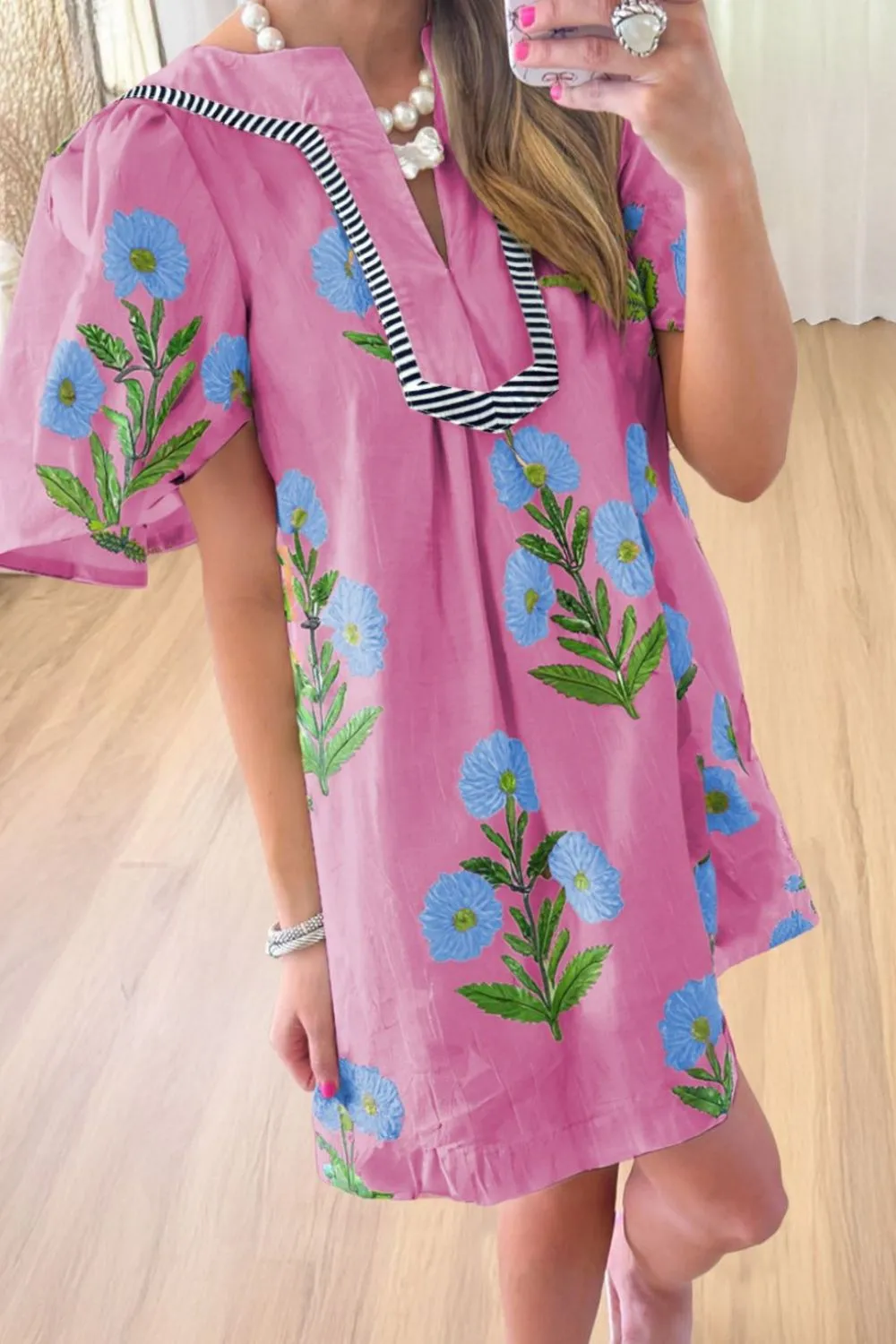 Floral Notched Summer Mini Dress with Striped Trim, image 8