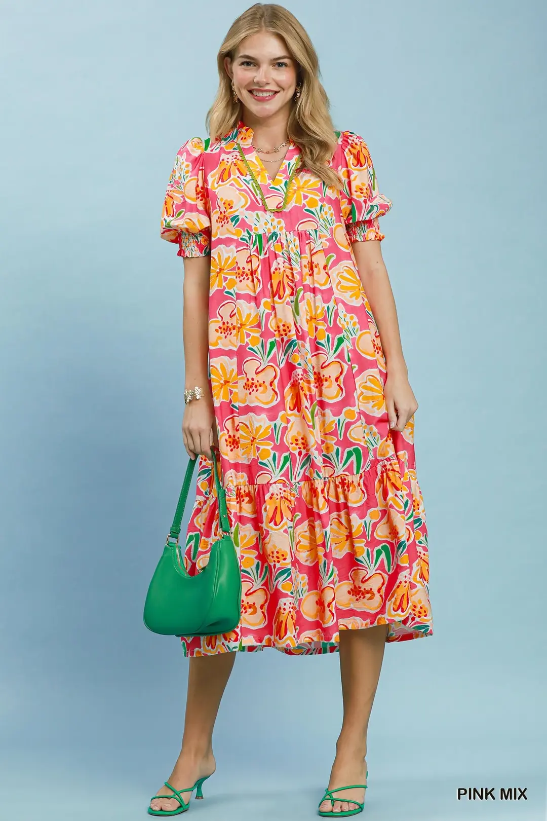 Floral Print Puff Sleeve Tiered Midi Dress, image 2