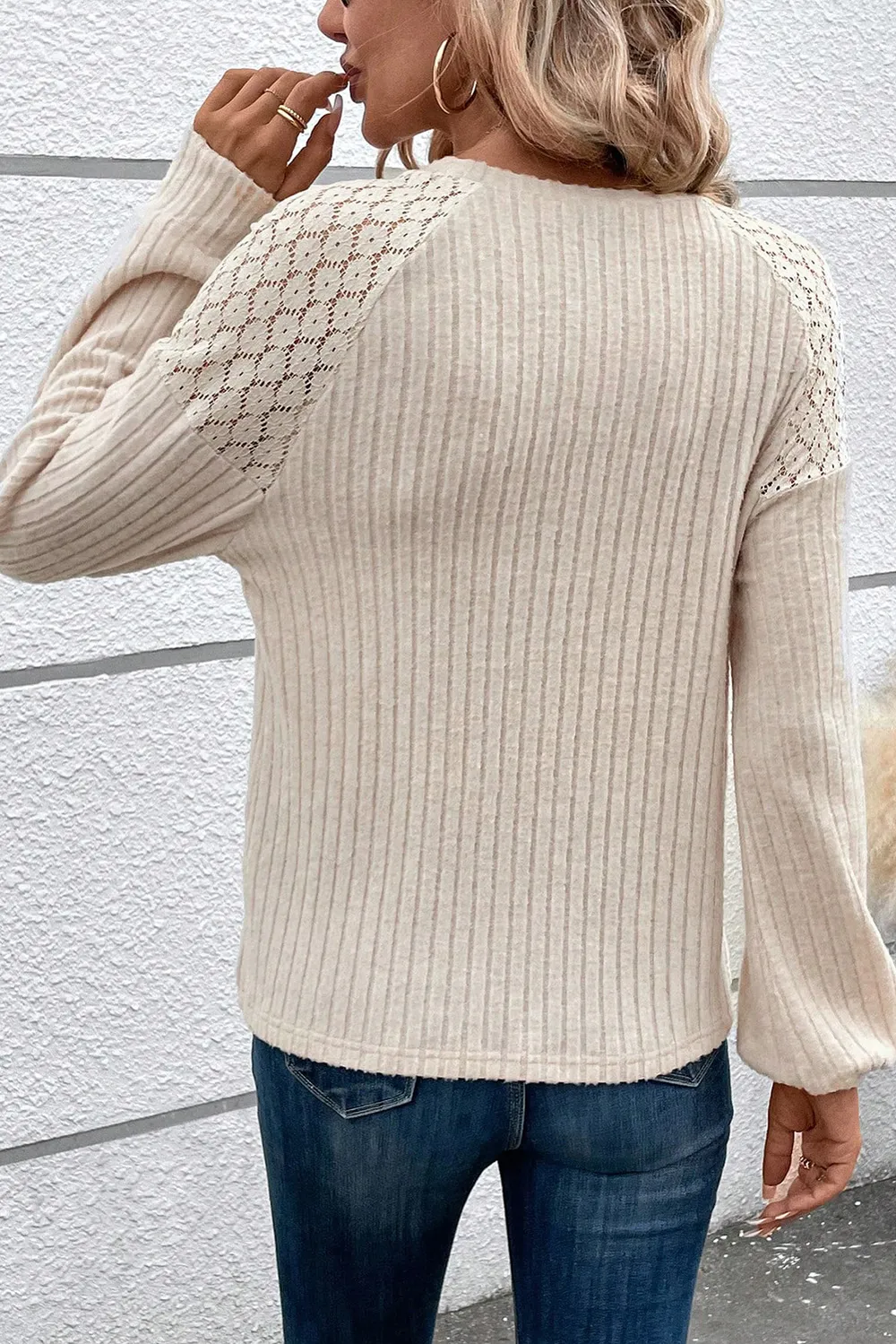 Ribbed Decorative Button Round Neck Top with Lace Detail, image 4