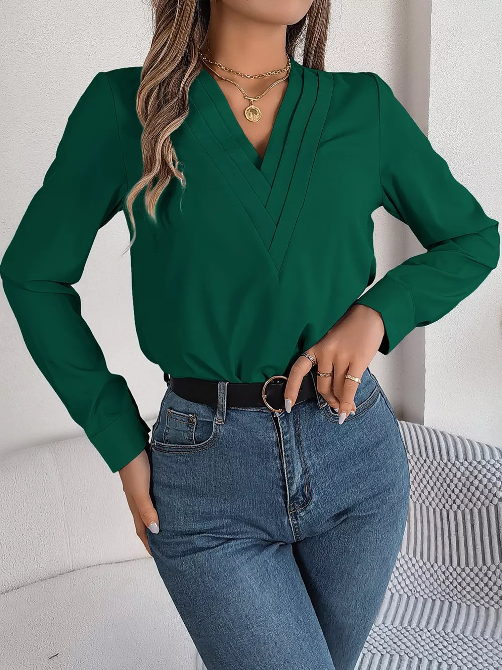 Layered V-Neck Long Sleeve Blouse, image 23