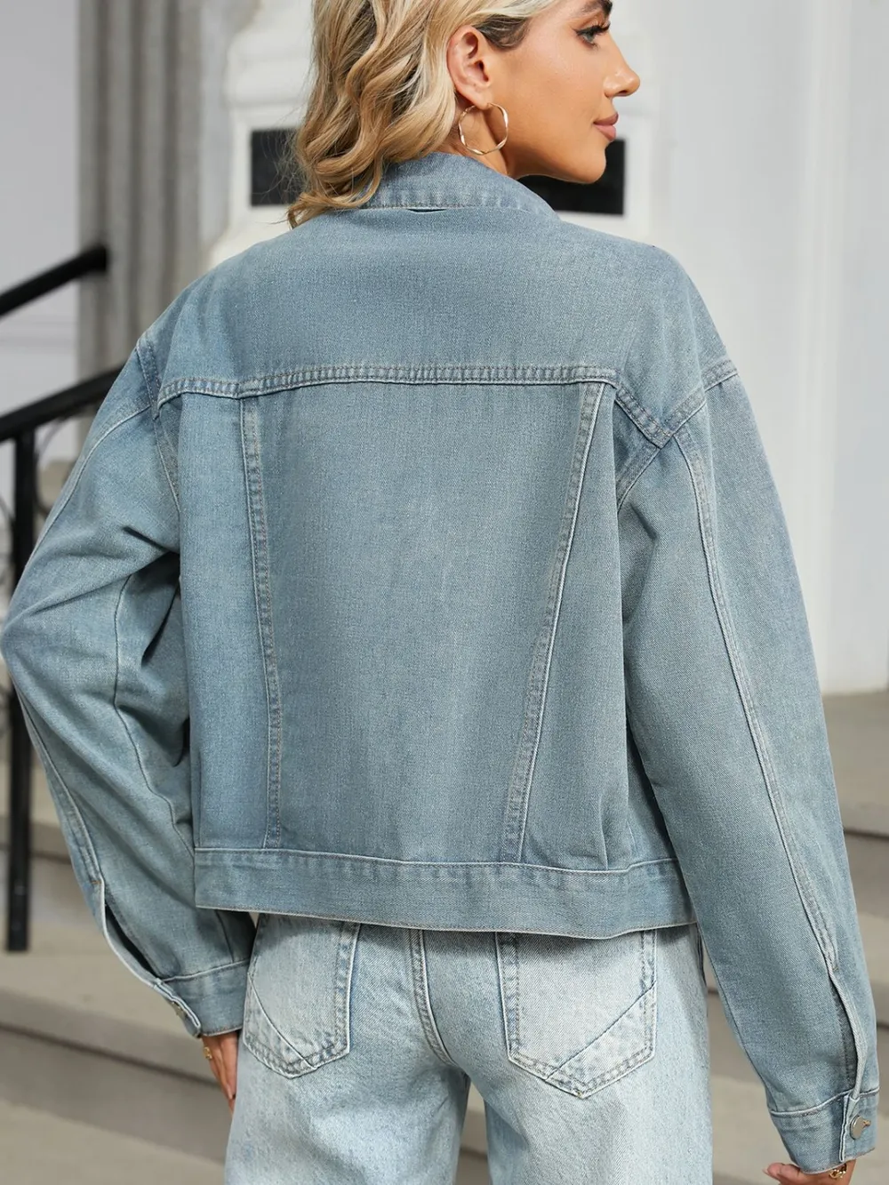 Rhinestone & Peal Trim Button Down Long Sleeve Denim Jacket, image 6