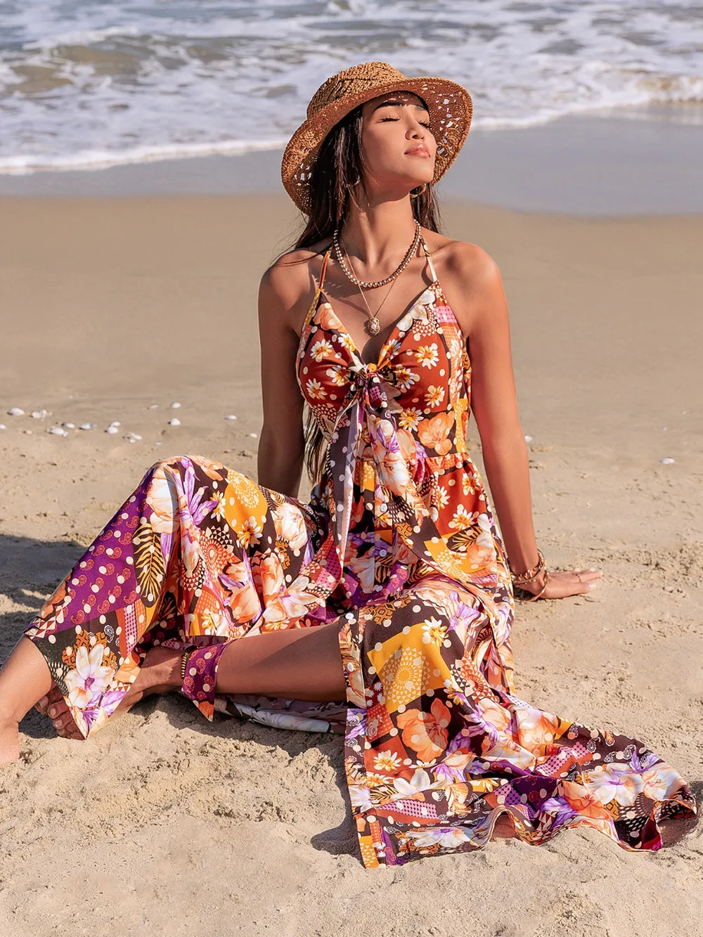Slit Printed Halter Neck Cami Dress, image 8