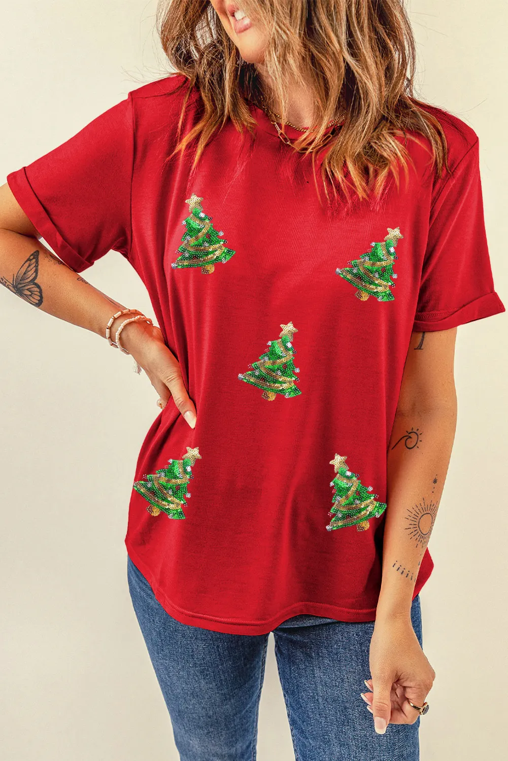 Sequin Christmas Tree Round Neck Short Sleeve T-Shirt, image 4