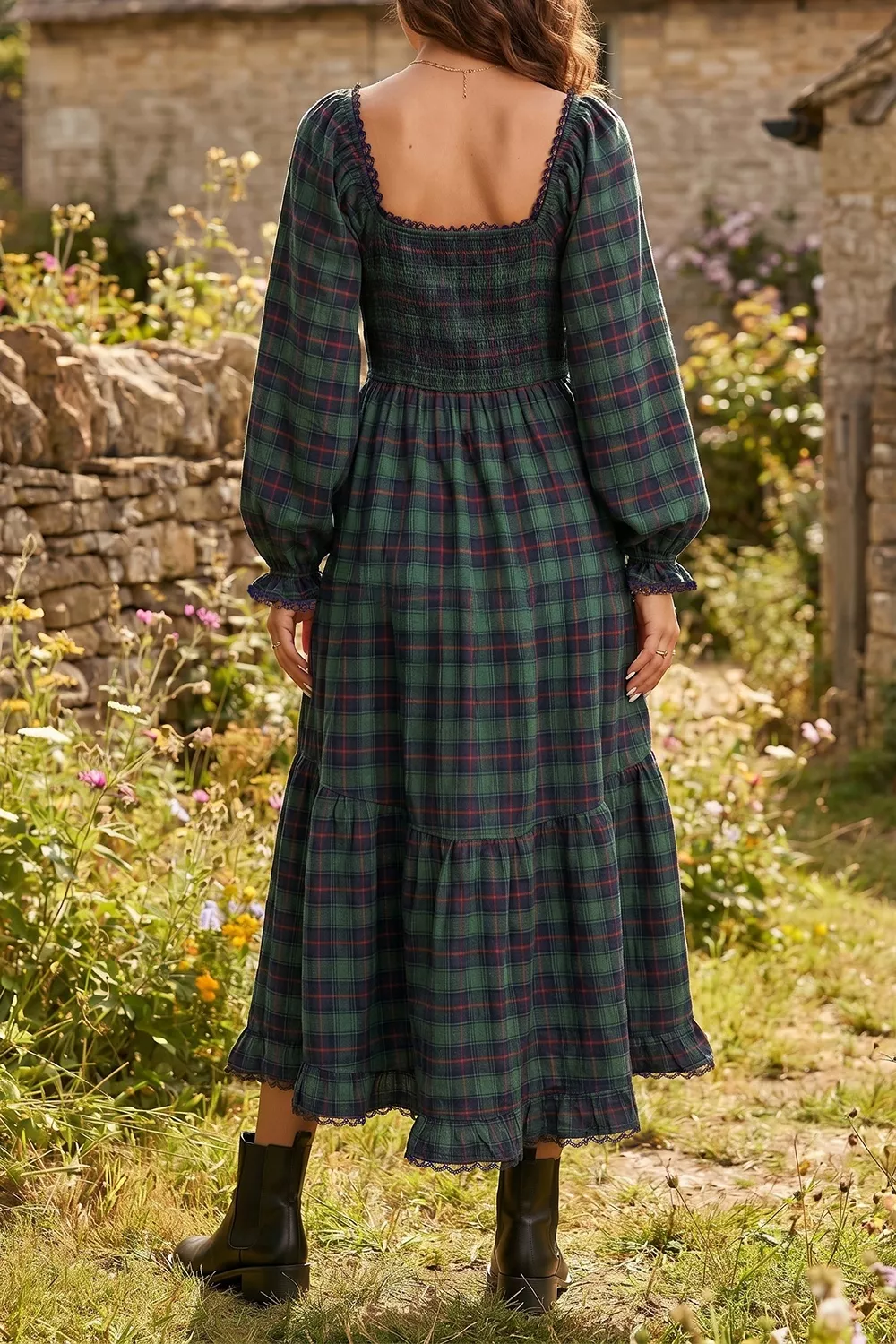 Plaid Long Sleeve Tiered Midi Dress, image 2