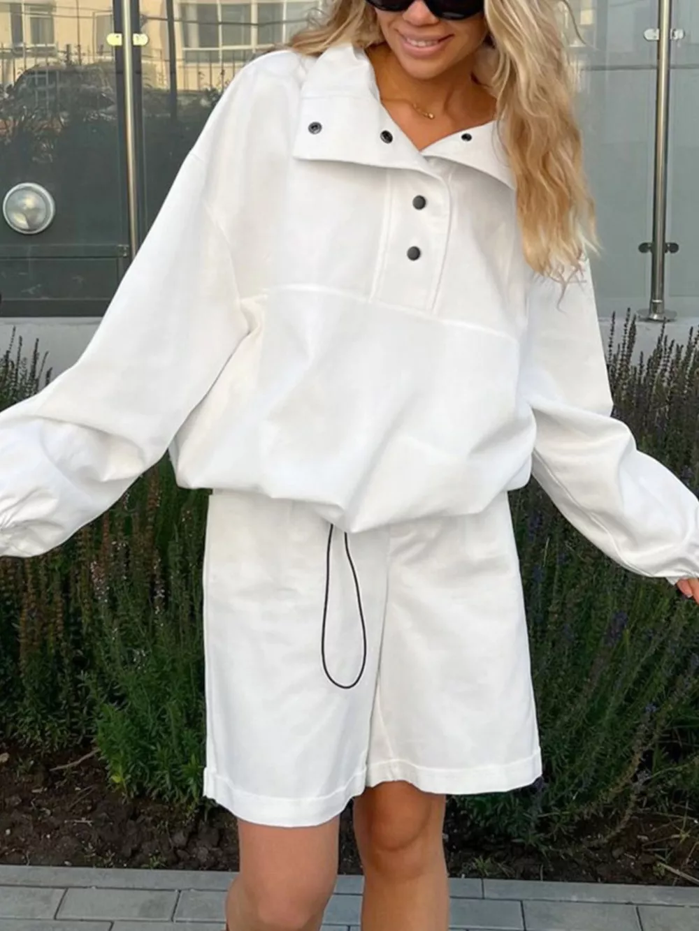 Snap Detail Long Sleeve Top and Shorts Set, image 4