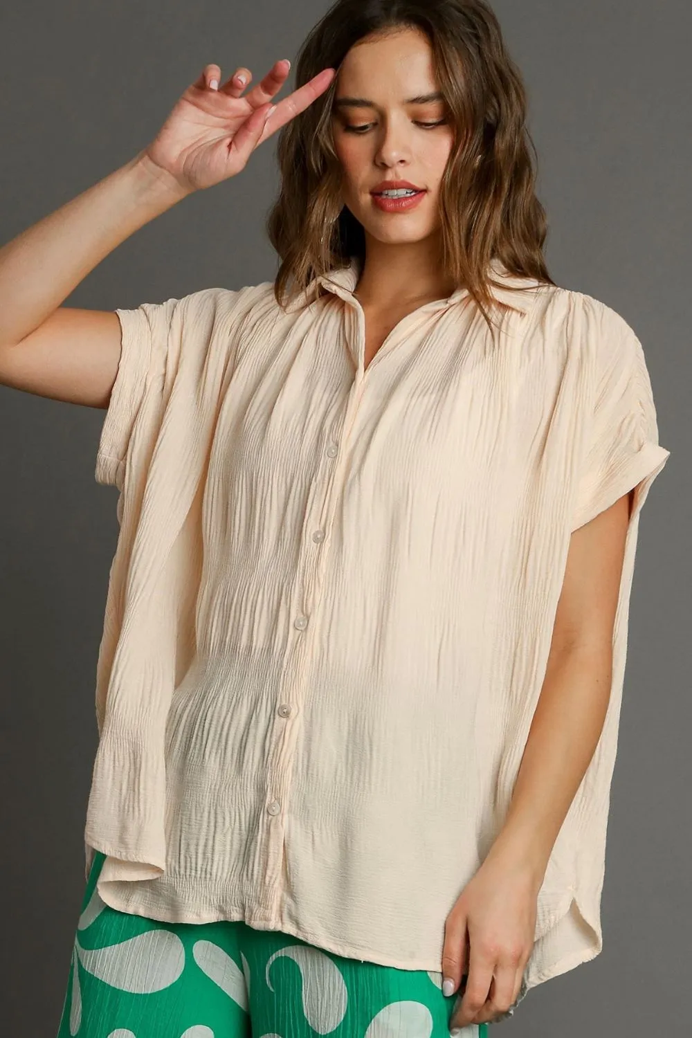 Full Size Textured Button Down Short Sleeve Shirt Plus Size