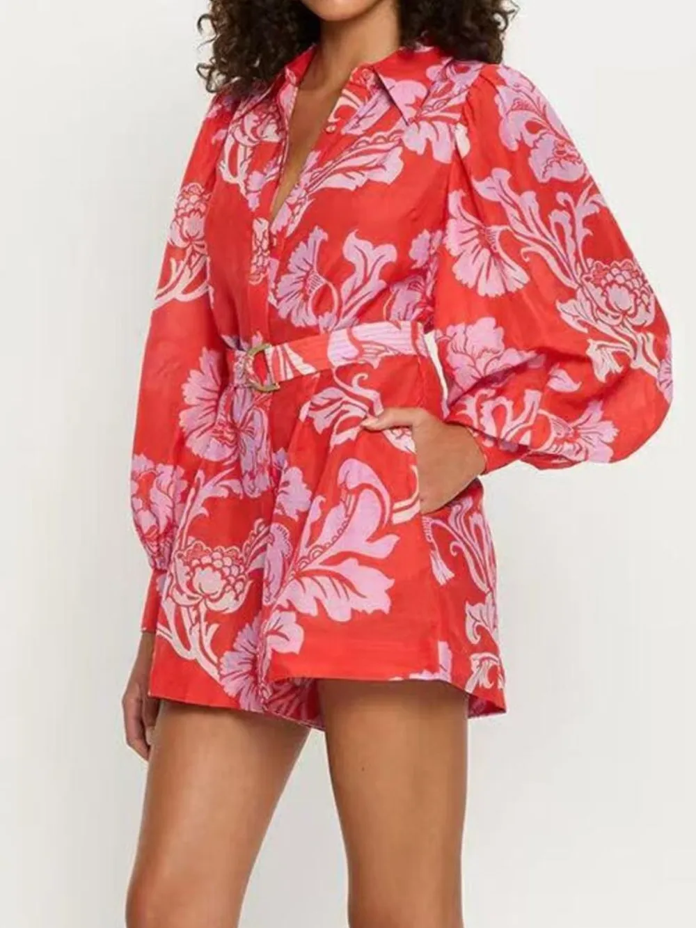 Printed Long Sleeve Belted Romper, image 6
