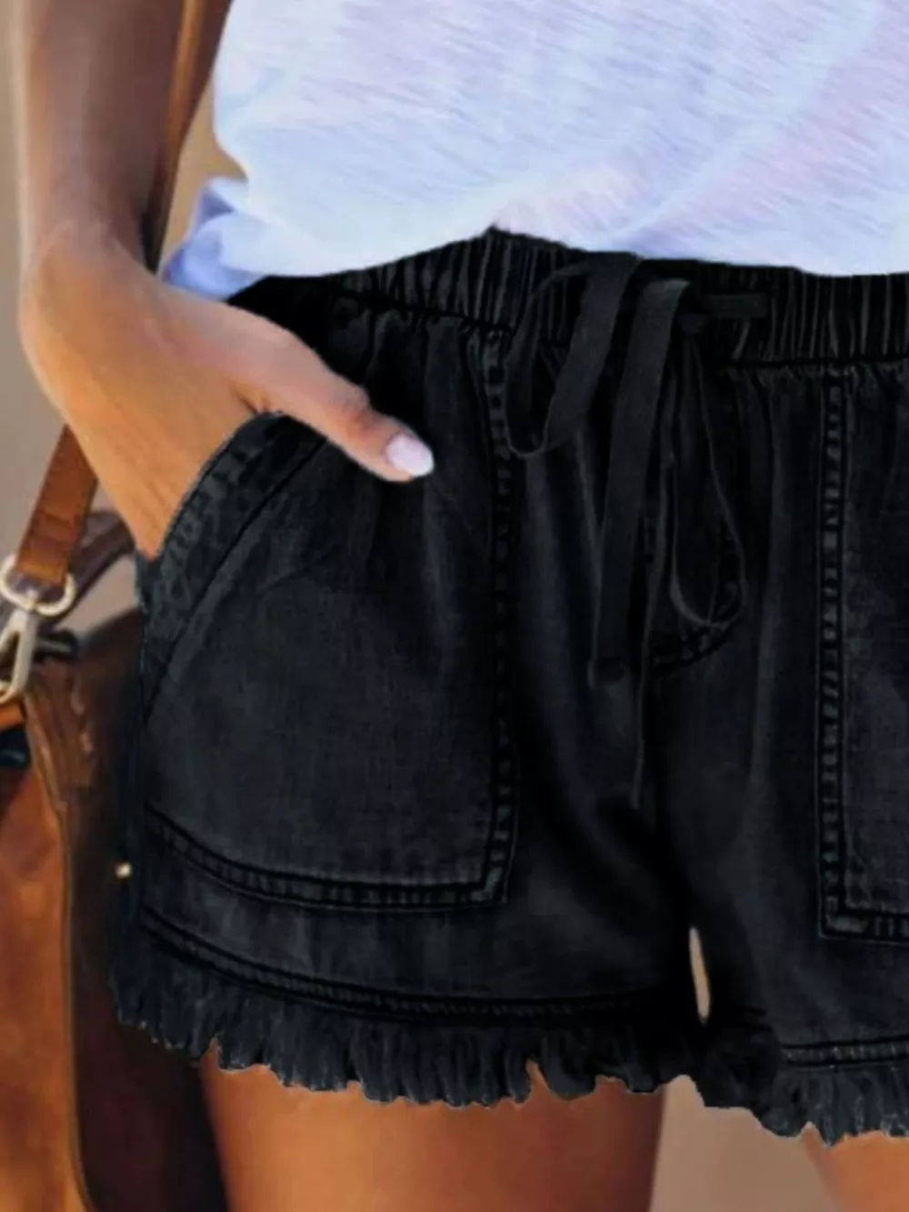 Full Size Drawstring Frayed Hem Denim Shorts Plus Size, image 6