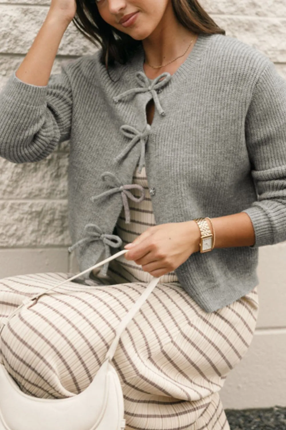 Bow Round Neck Long Sleeve Cardigan, image 12