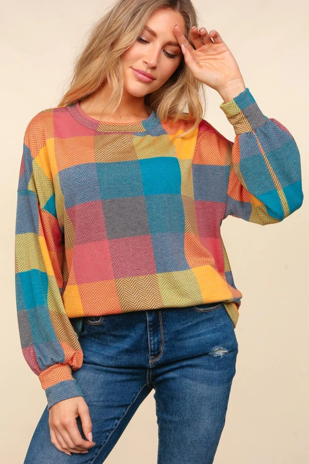 Round Neck Color Block Plaid Top, image 4