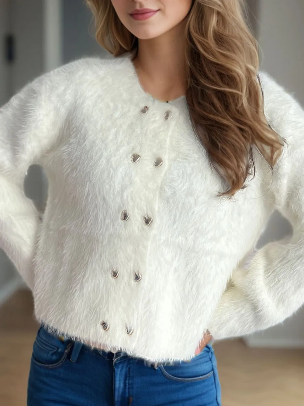 Heart Button Round Neck Cardigan, image 5