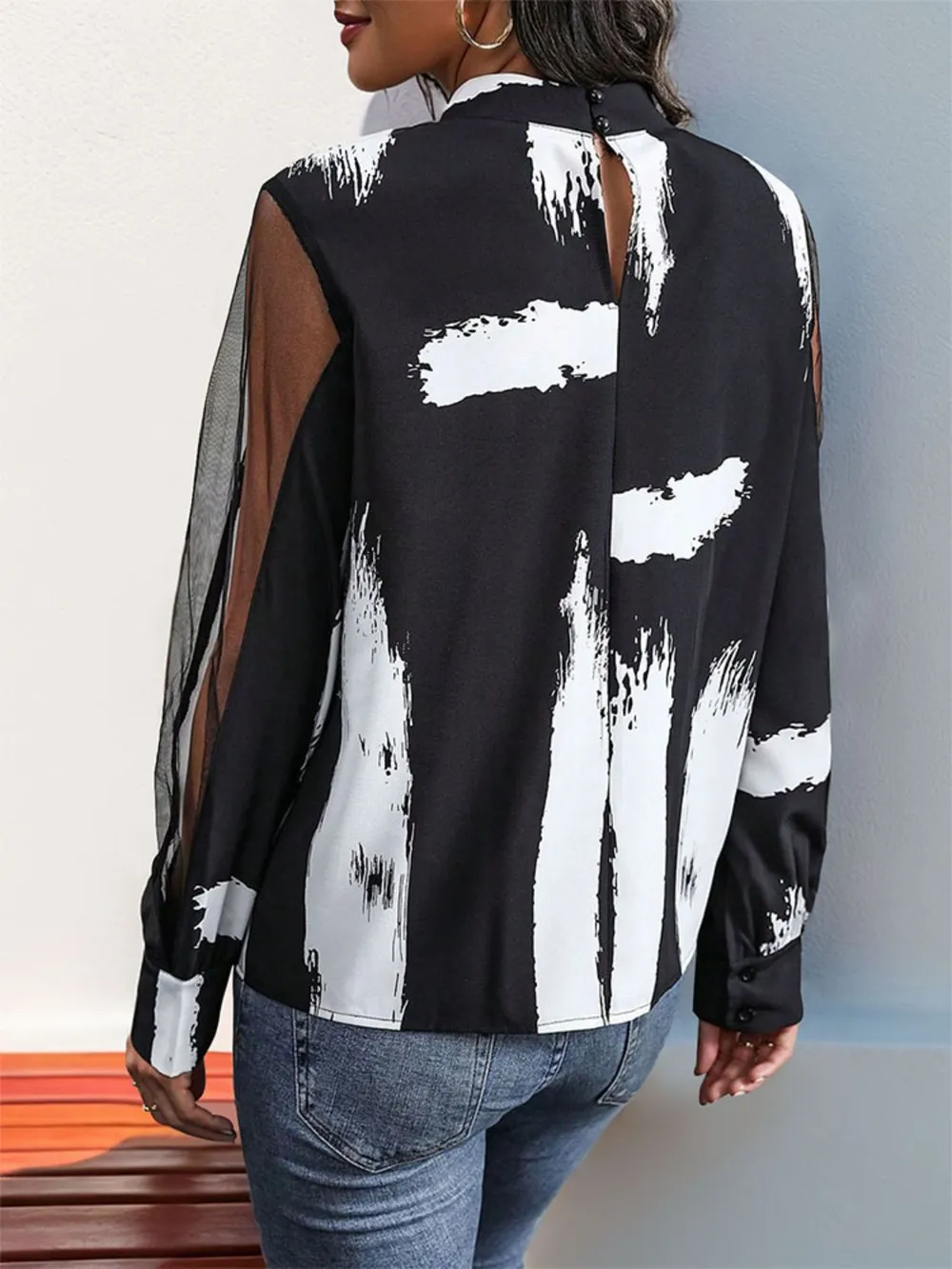 Mock Neck Mesh Long Sleeve Blouse, image 2