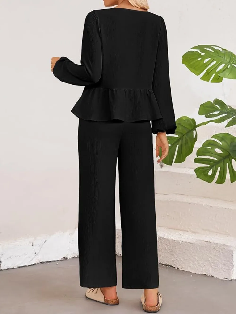 Tie Neck Balloon Sleeve Top and Pants Set, image 12