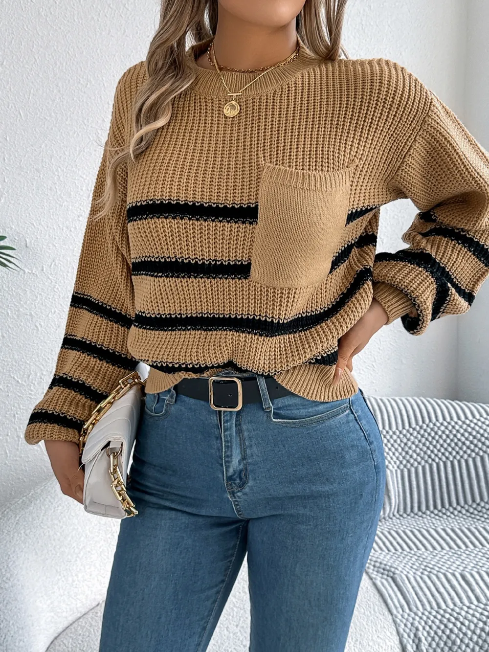 Striped Round Neck Long Sleeve Sweater, image 18